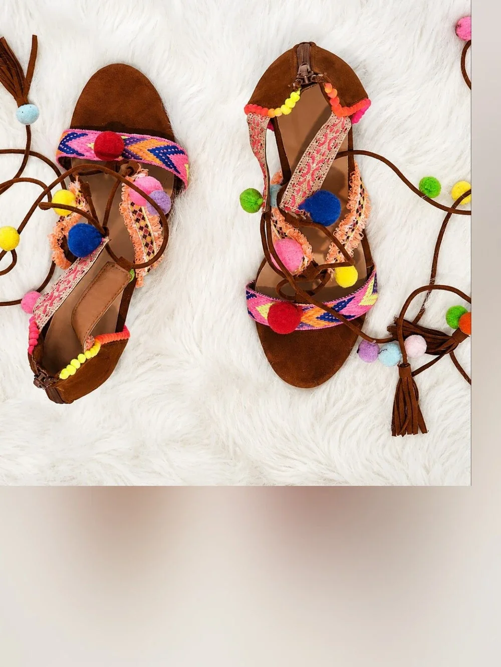 Anne Michele Boho Pom-Pom Lace-Up Sandals - Brown with Multicolor Accents SIZE 9